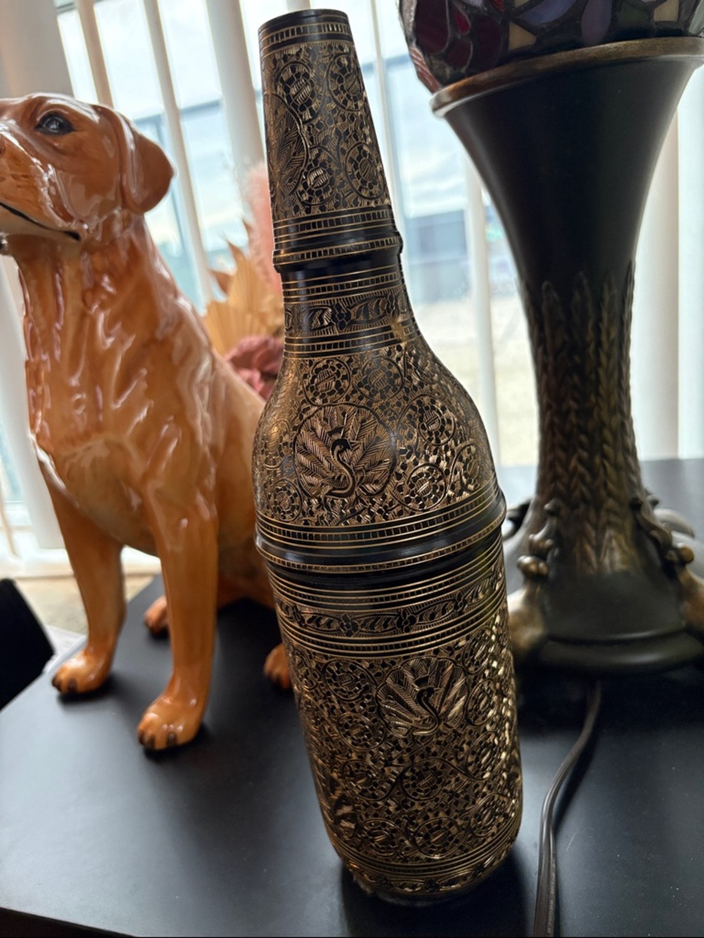Vintage Ornate Hand Crafted Brass Etched Peacock And Floral Water Or Wine Bottle - Picture 3 of 10